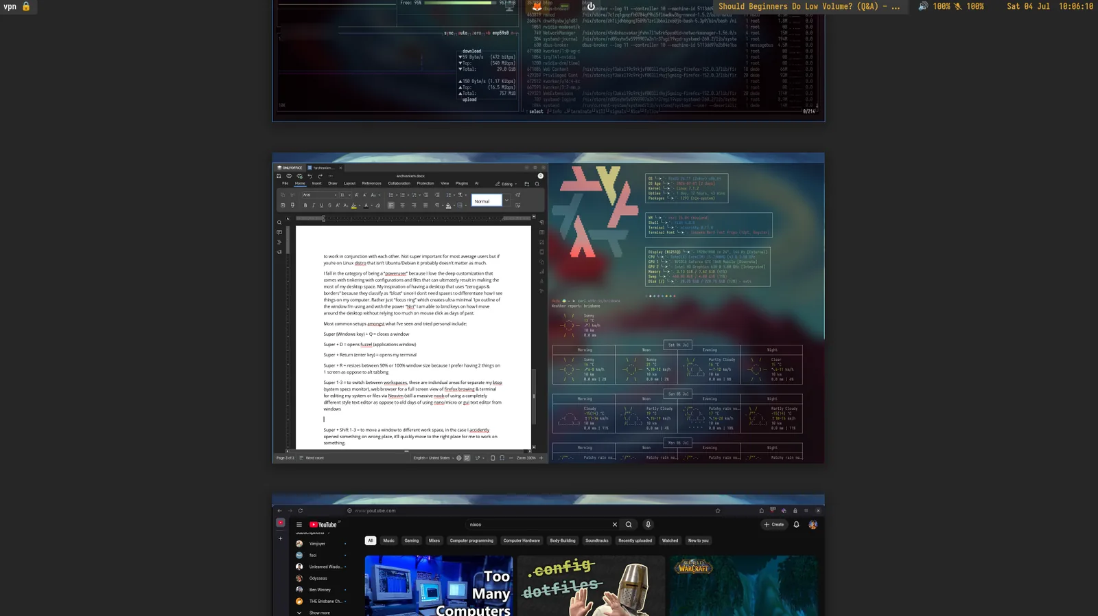 Niri's Super + O workspace overview showing three stacked workspaces: btop system monitor and a fastfetch NixOS readout, an OnlyOffice document, and a YouTube browser window. The local IP address in the btop network panel has been blurred for privacy.