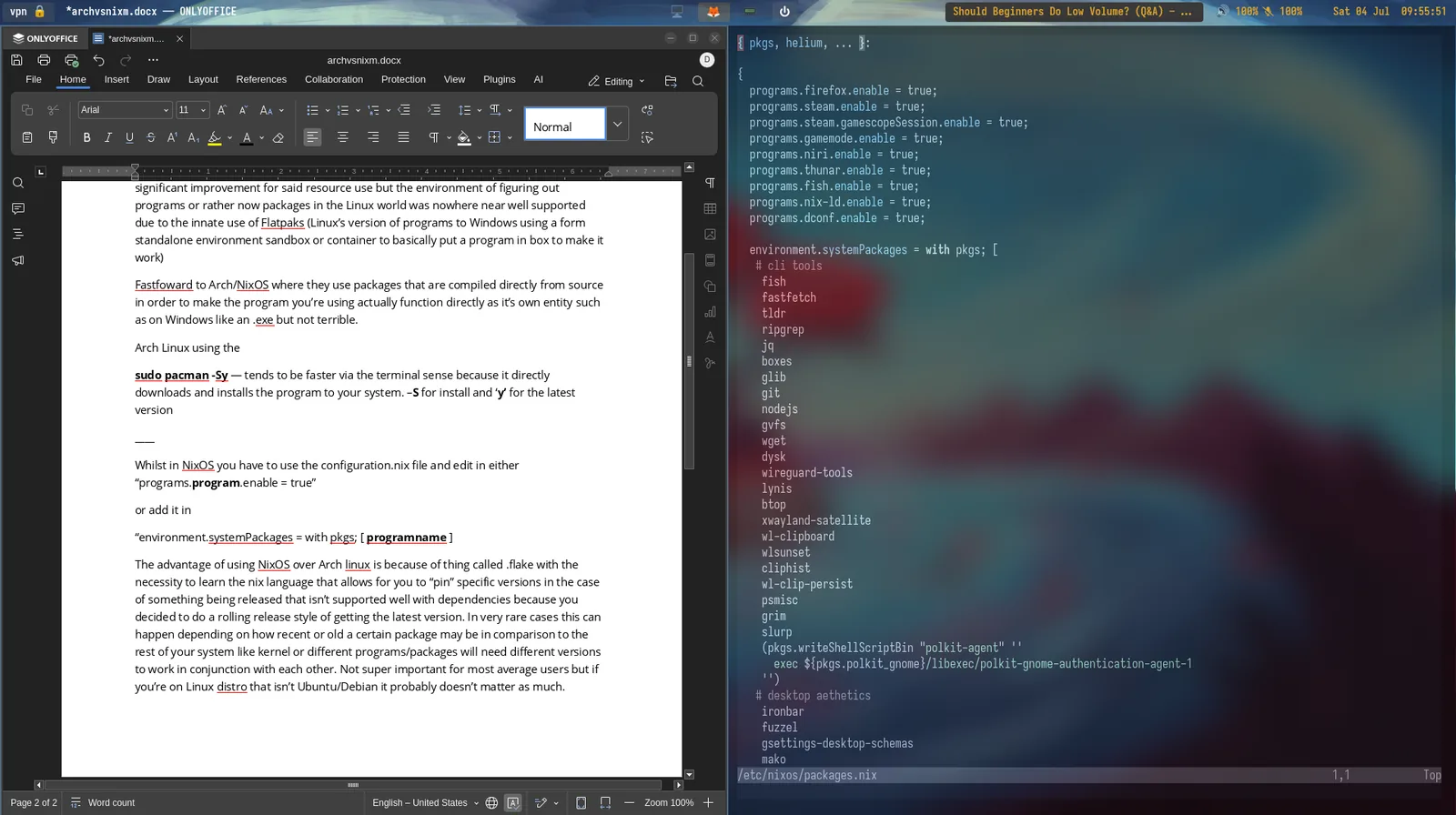 A 50/50 split on the Niri window manager: OnlyOffice with the draft of this article on the left, Neovim editing configuration.nix on the right showing programs.*.enable lines and an environment.systemPackages list.