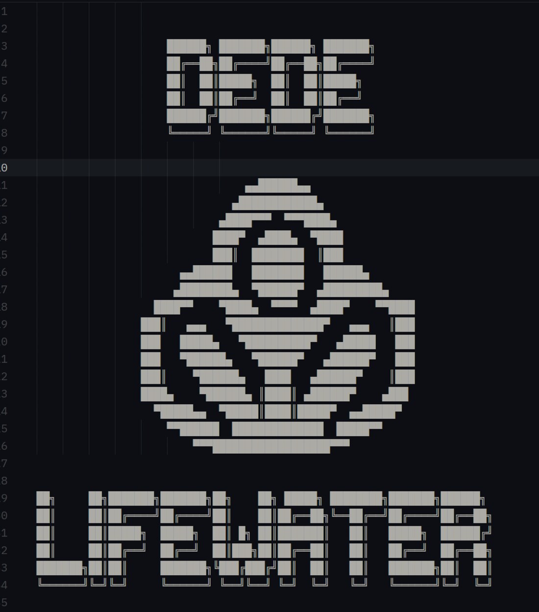 Zed Editor showing the ASCII art config file — DEDE text at the top, the LIFEWATER wave and sprout logo rendered in ASCII block characters in the middle, LIFEWATER text at the bottom. Line numbers visible on the left.