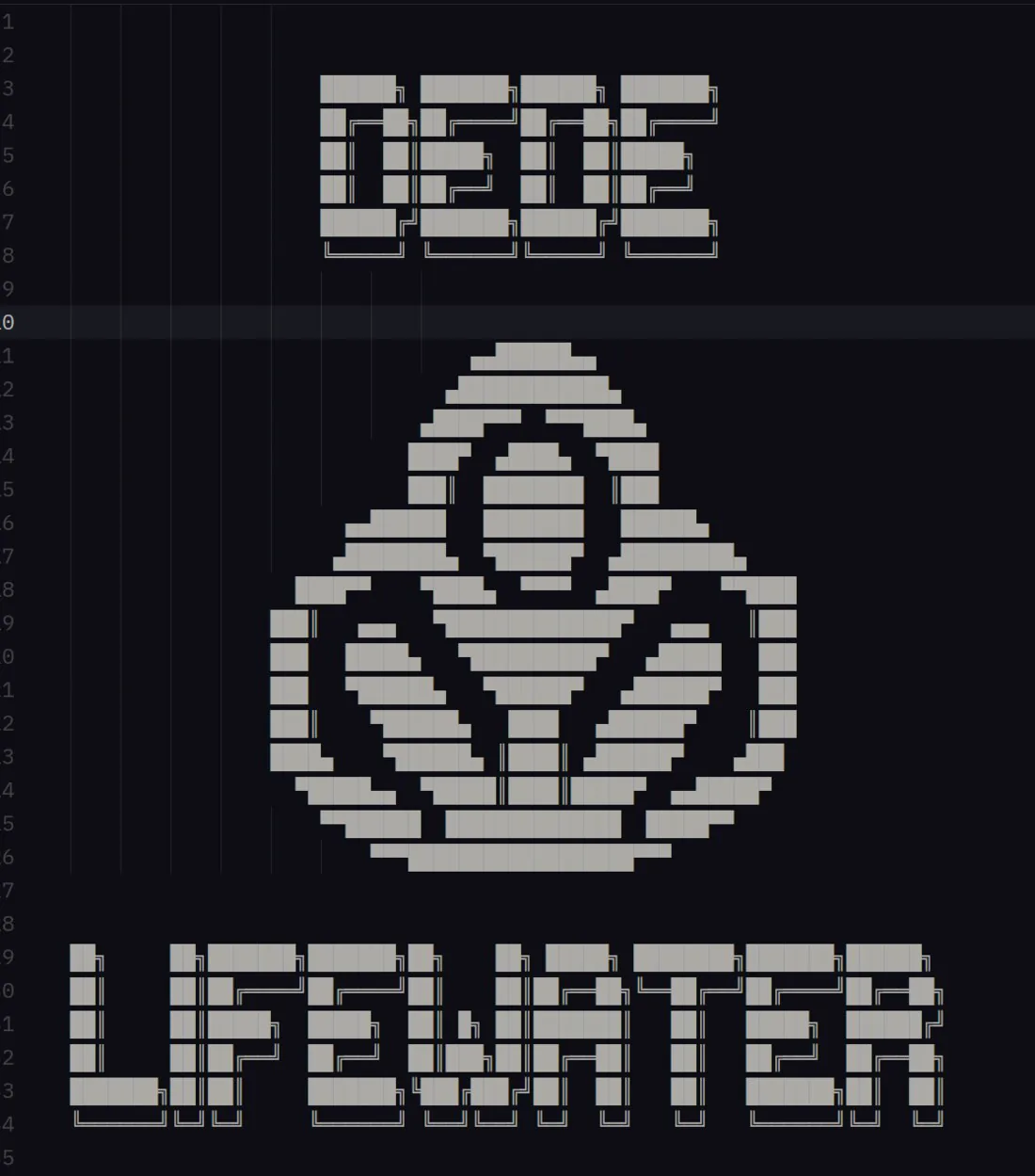 Zed Editor showing the ASCII art config file — DEDE text at the top, the LIFEWATER wave and sprout logo rendered in ASCII block characters in the middle, LIFEWATER text at the bottom. Line numbers visible on the left.