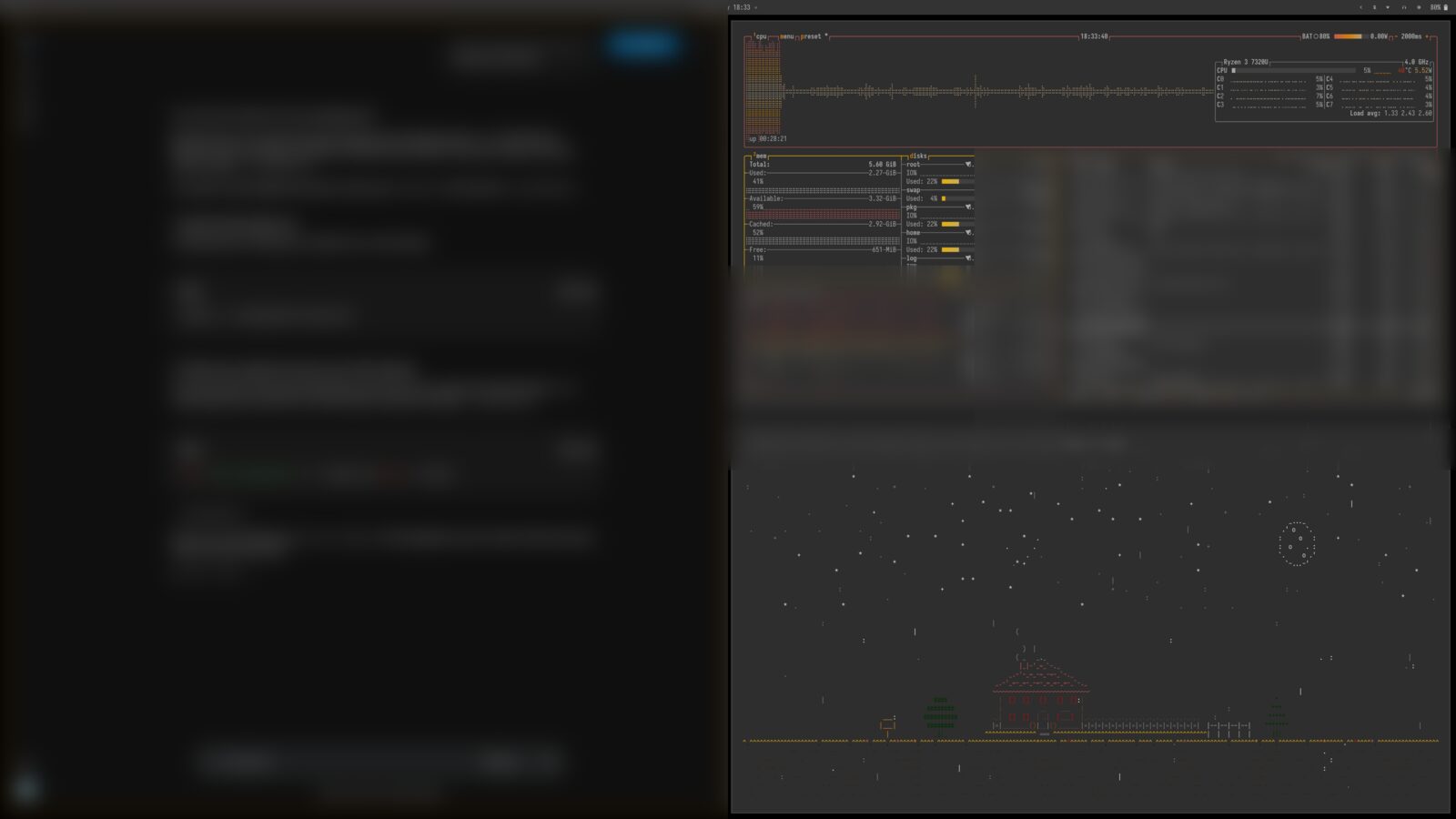 The actual dev rig running — AI assistant in Ghostty on the left (blurred for privacy), btop system monitor and weathr CLI on the right split pane. Ryzen 3 7320U, multiple processes visible, Brisbane rain reading from weathr.