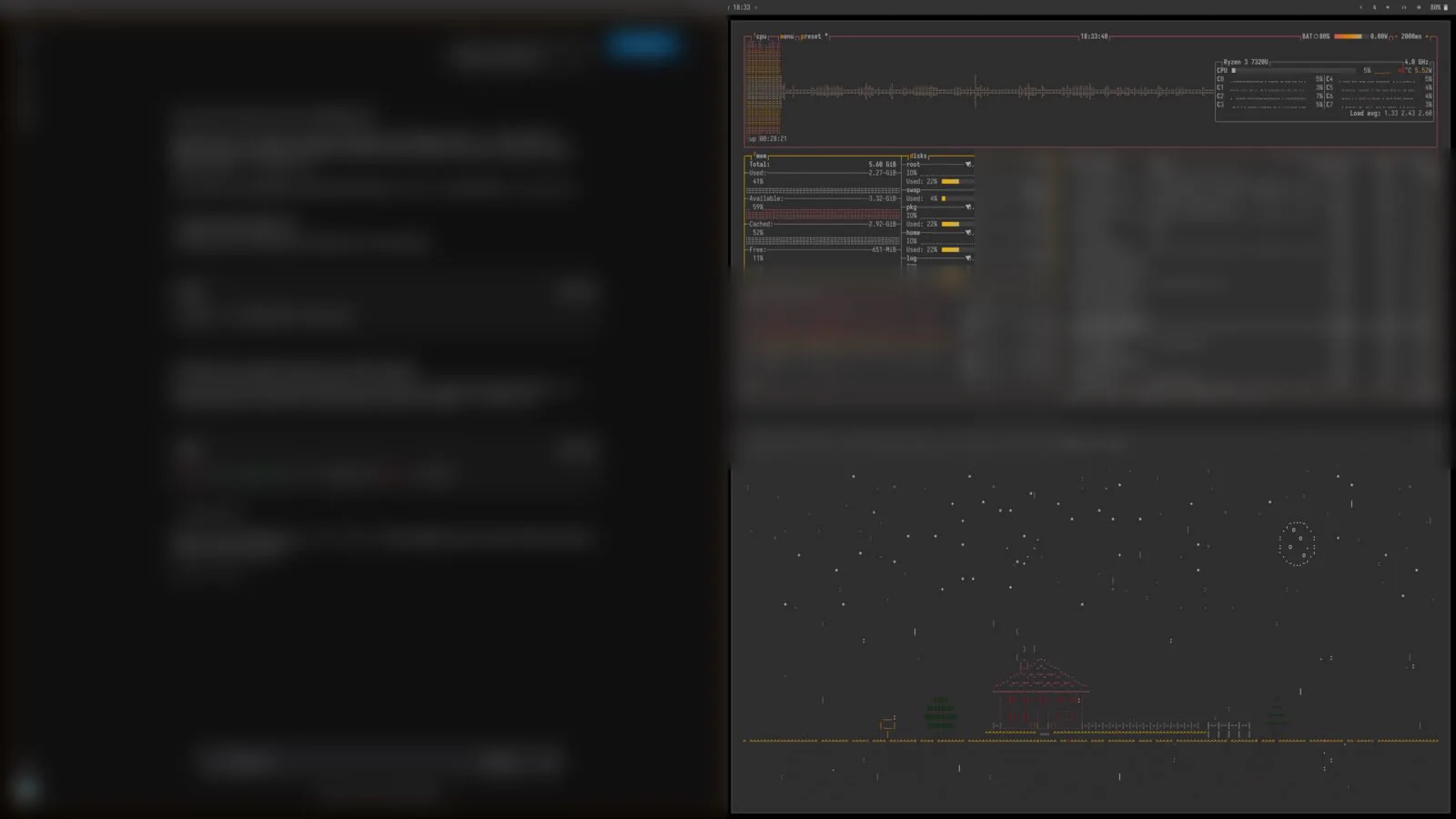 The actual dev rig running — AI assistant in Ghostty on the left (blurred for privacy), btop system monitor and weathr CLI on the right split pane. Ryzen 3 7320U, multiple processes visible, Brisbane rain reading from weathr.